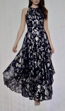 BETSY  ADAM Evening Gown Sz 8 Navy Silver Metallic Floral Print Halter-NWOT