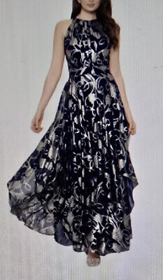 BETSY & ADAM Evening Gown Sz 8 Navy Silver Metallic Floral Print Halter-NWOT
