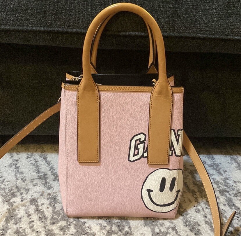 Ganni Women's Pink Smiley Face Print Small Tote Bag