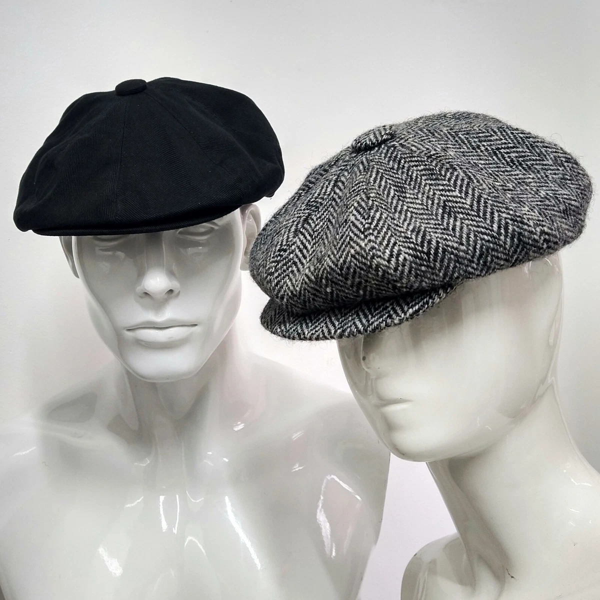 Doogan Donegal Herringbone Tweed Irish Wool Grey Newsboy Hat Flat Cap Black M