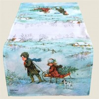 Tischdecke 40*90 Weihnachten Advent Tischtuch Mitteldecke Kinder Schlitten 648