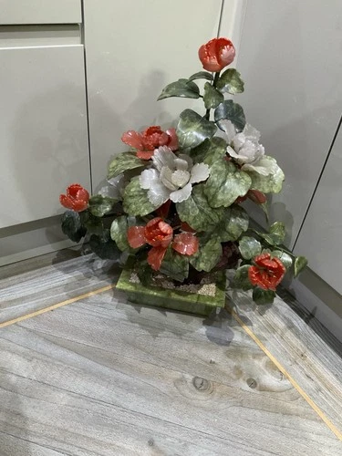 Bonsai Tree In Jade Pot Hand Carved Jade Carnelian Agate Handmade Glass Vintage