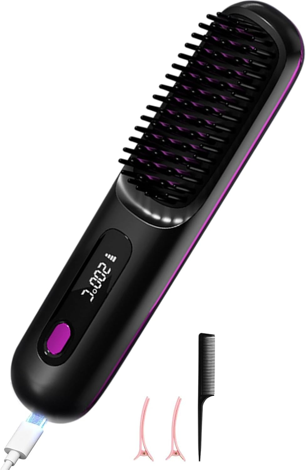 Fer à lisser sans fil et brosse à air chaud ionique rose C