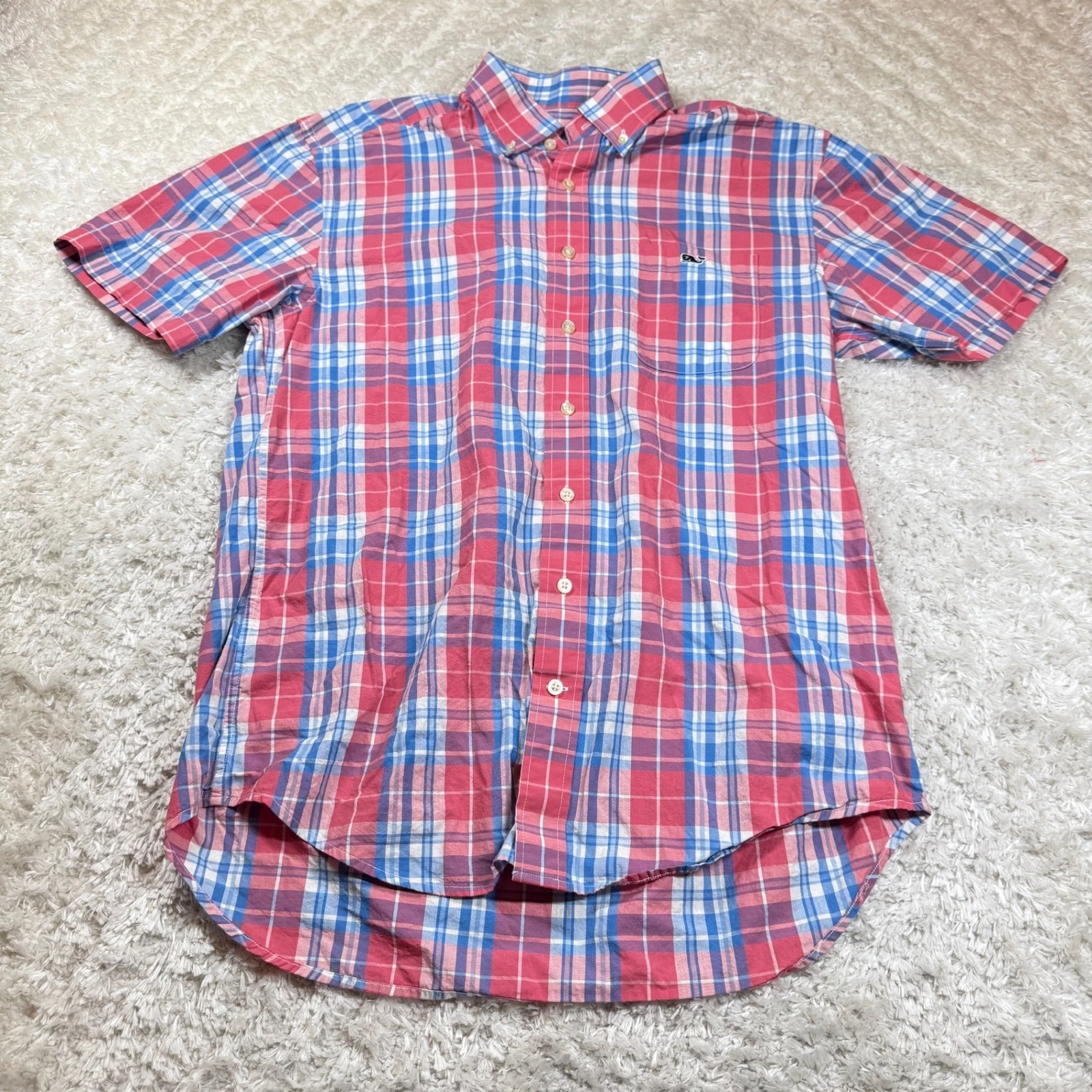 Vineyard Vines Shirt Men's Medium Plaid Short Sleeve Whale Button Cotton Casual