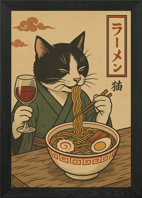 Cat Eating Ramen with Wine Framed Wall Art Poster Canvas Print Picture