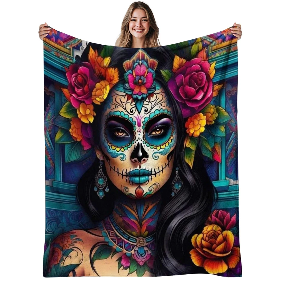 1件装糖骷髅法兰绒毯-墨西哥死亡日设计带卡拉维拉 — 第 4/4 张图片