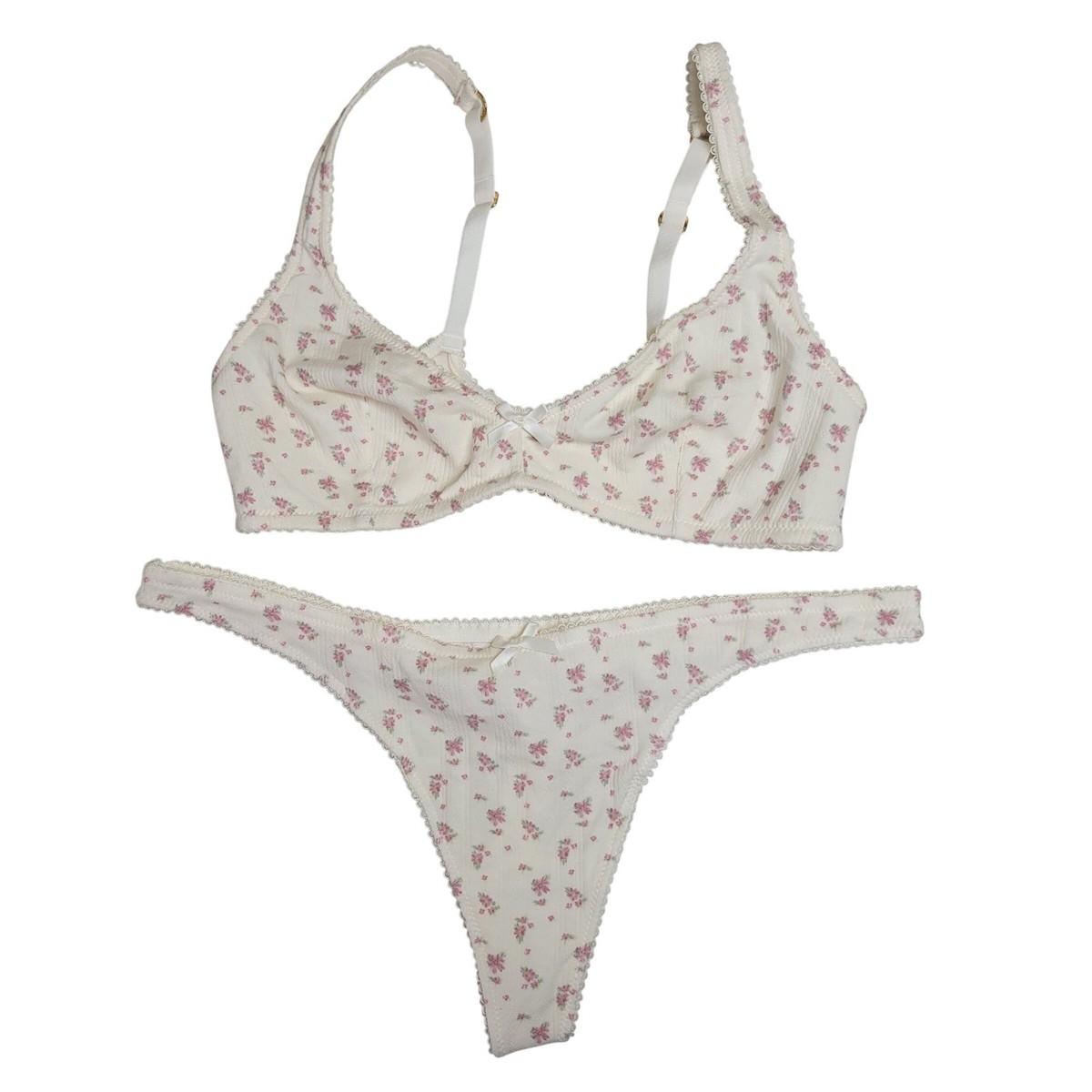 レイ Lounge Underwear Pointelle Floral Bra and Thong Set White Pink