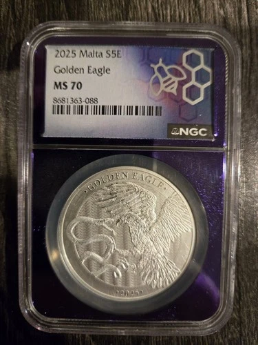 2025 Malta S5E Golden Eagle MS 70 .9999 Silver - Trader Bea Purple Core