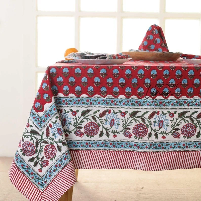 Vintage Hand Block Floral Printed Cotton Tablecloth for Dining Room & Kitchen - Image 3 of 4