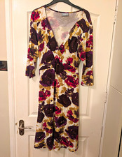 Wallis Floral Wrap V-Neck Midi Dress Stretch Tie Waist 3/4 Sleeve Size 16