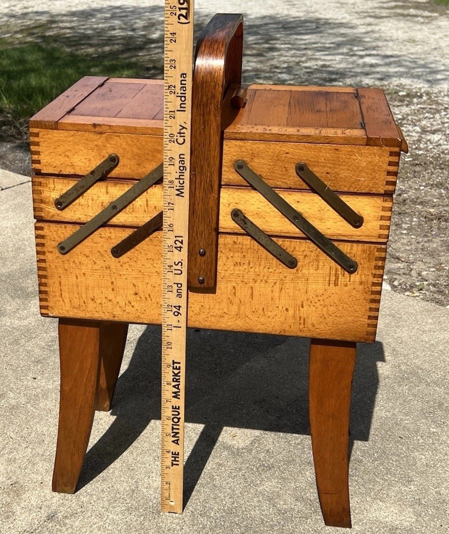 Vintage Birds Eye Maple Modern Accordion Wood Sewing Box
