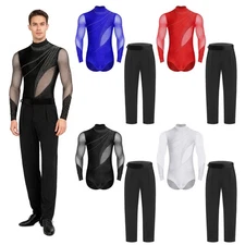 Mens Dance Outfit Bodysuit Set Ballroom Dancewear Dancing Mesh And Long Pants