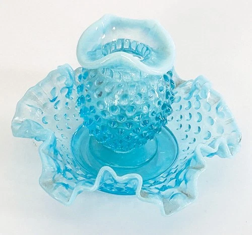Vintage Fenton Hobnail Small 3.5” Opalescent Blue Ruffled Vase with plate