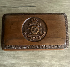 Wooden Hinged Cigarette Box with Dividers Military Crest Ubique