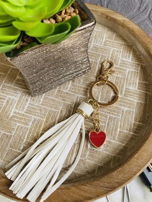 White Tassel Keychain with Red Heart Charm