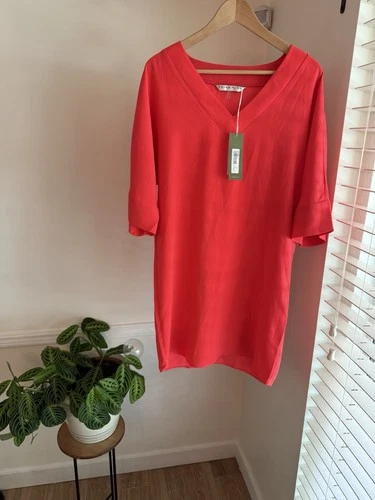 Trina Turk Dellia Tunic Dress Bright Coral Shift Size S V Neck MSRP $248 NWT