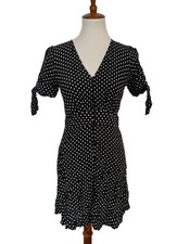 EXPRESS Black White Polka Dot Retro Shift V Neck Button Front Dress Size Small