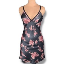 Vintage California Dynasty Black Floral Satin Slip Dress Large Romantic Lingerie