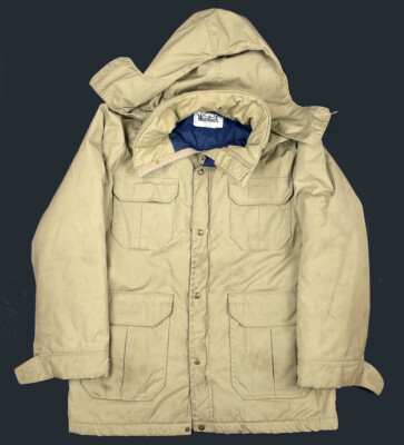 VTG Woolrich Beige Tan Parka Field Jacket Lined Removable Hood USA