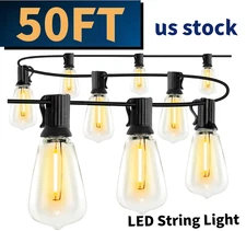 50FT Outdoor Waterproof LED String Warm White Patio Lights 25 Bulbs Garden Decor