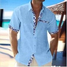 Mens Short Sleeve Cotton Linen Shirt Summer Casual Solid Baggy Button Beach Tops