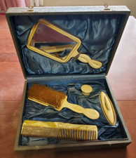 Vintage Celluloid Vanity Dresser Set  Brush, Mirror, Nail Buffer, Lipstick Pot