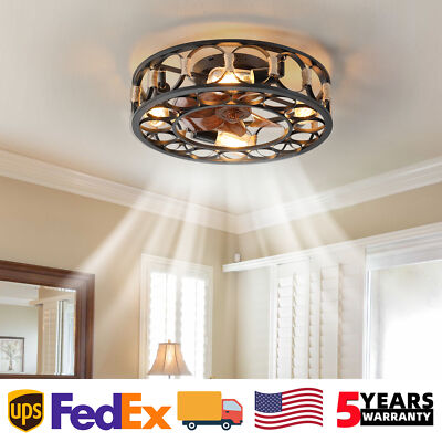 20 inch Ceiling Fan Light Farmhouse Caged Black Flush Mount w Remote Control Kit