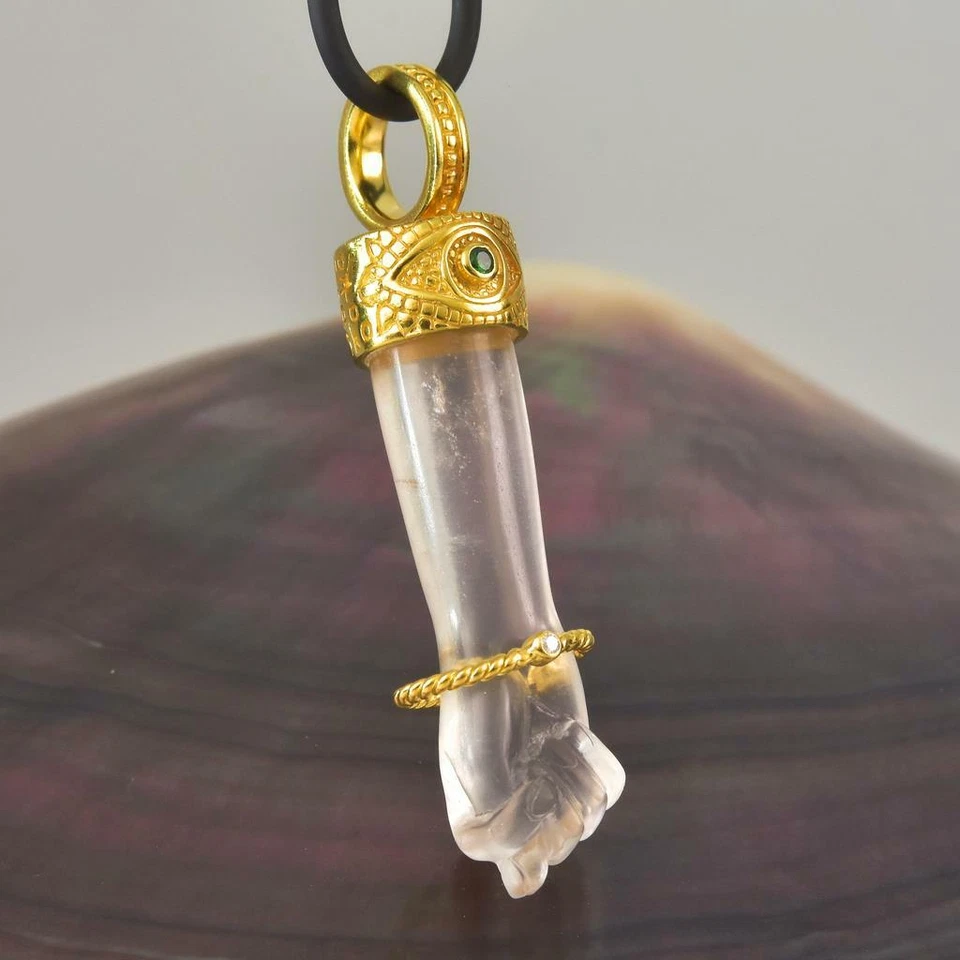 Gold Vermeil Sterling Mano Fico Figa Anhänger Kristallquarz Smaragd Diamant 12 g - Bild 3 von 4