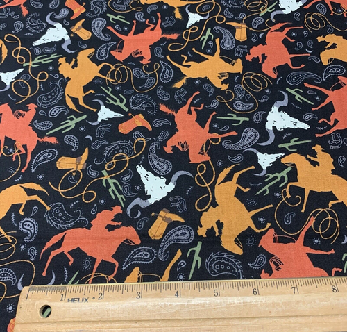 Cowboy Western Roping Fabric Remnant By Hancock Fabrics Horses Boots Rust Black - Picture 12 of 15