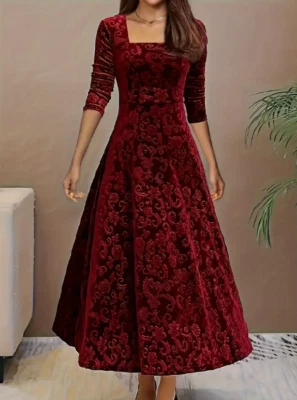 Blumiges Muster, Quadratischer Ausschnitt, Samtkleid, Elegantes A-Linien-Kleid - Bild 1 von 2