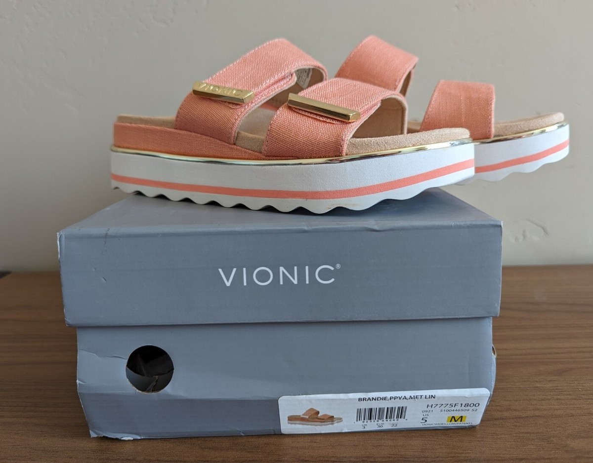 Womens Vionic Brandie Slide Platform Sandal Metallic Shine Coral