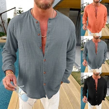 Men Casual Solid Cotton Linen Shirt Collarless Long Sleeve Button Shirt Blouse