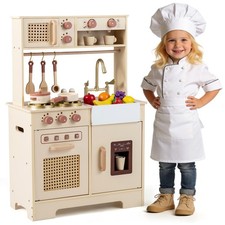 Kids Play Kitchen, Wooden Pretend Kitchen Playset with Rattan Doors, Stoves
