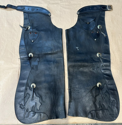 Vintage Visalia Stock Saddle Co Leather Chaps Black Rodeo Bucking Bronco Conchos