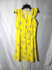 LOFT Yellow Floral V-Neck Ruffle Sleeve Belted Fit & Flare Dress Petite MEDIUM