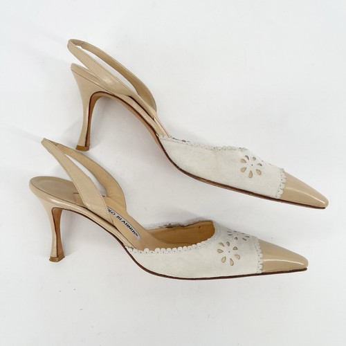 Manolo Blahnik Retro Floral Eyelet Beige Pointed Cap Toe Slingback Heel IT 40 - Picture 3 of 10