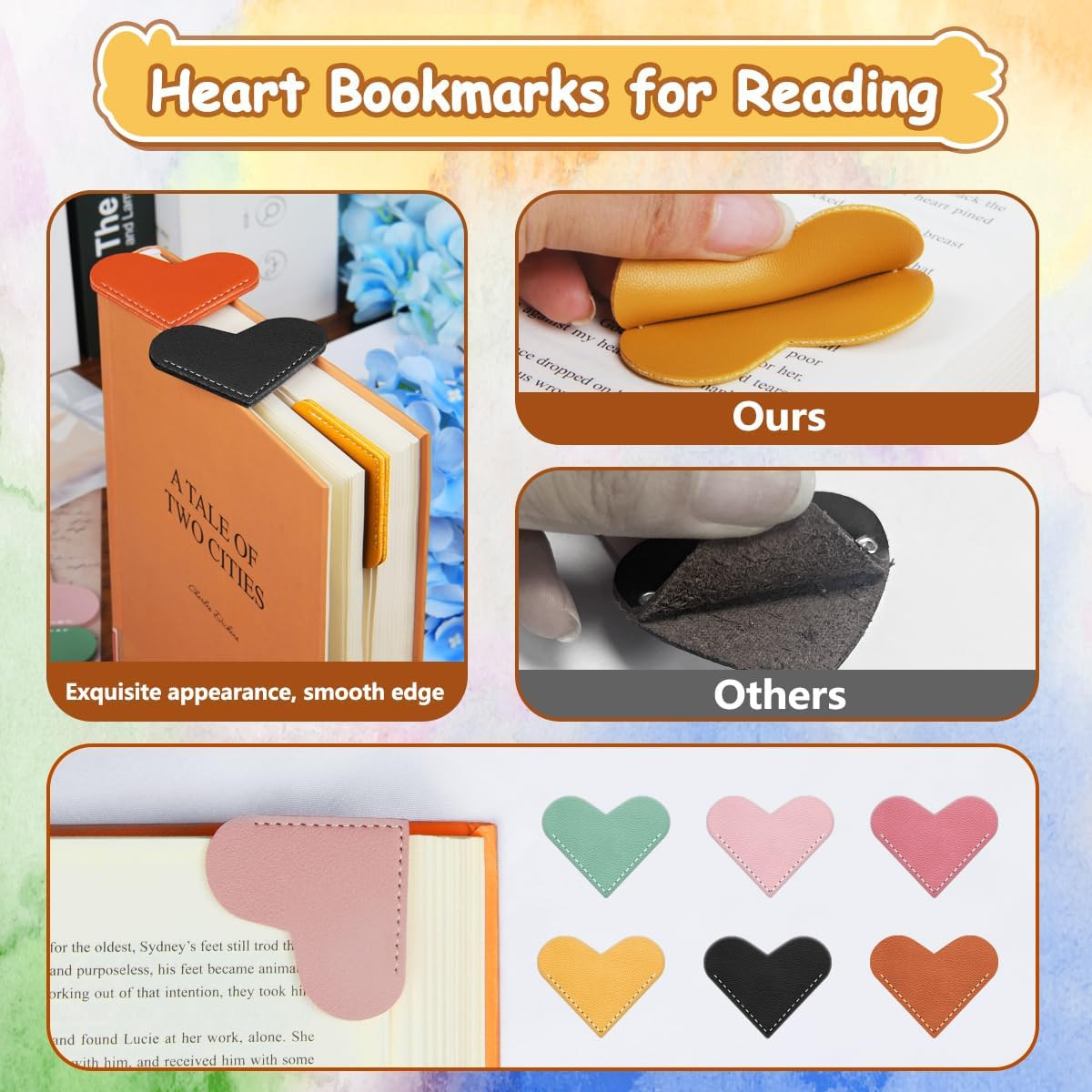 6Pcs Leather Heart Bookmarks for Reading Women, Cute Corner Page Book Marks f...