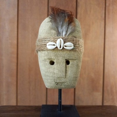 Bali Hand Carved Paras Stone Tribal Mask Statue Cowrie Shell Feather Iron Stand