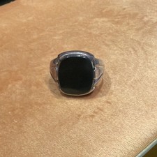 Silver Signet Ring Size R Oval Green Stone Bezel Set Silver Tone Face