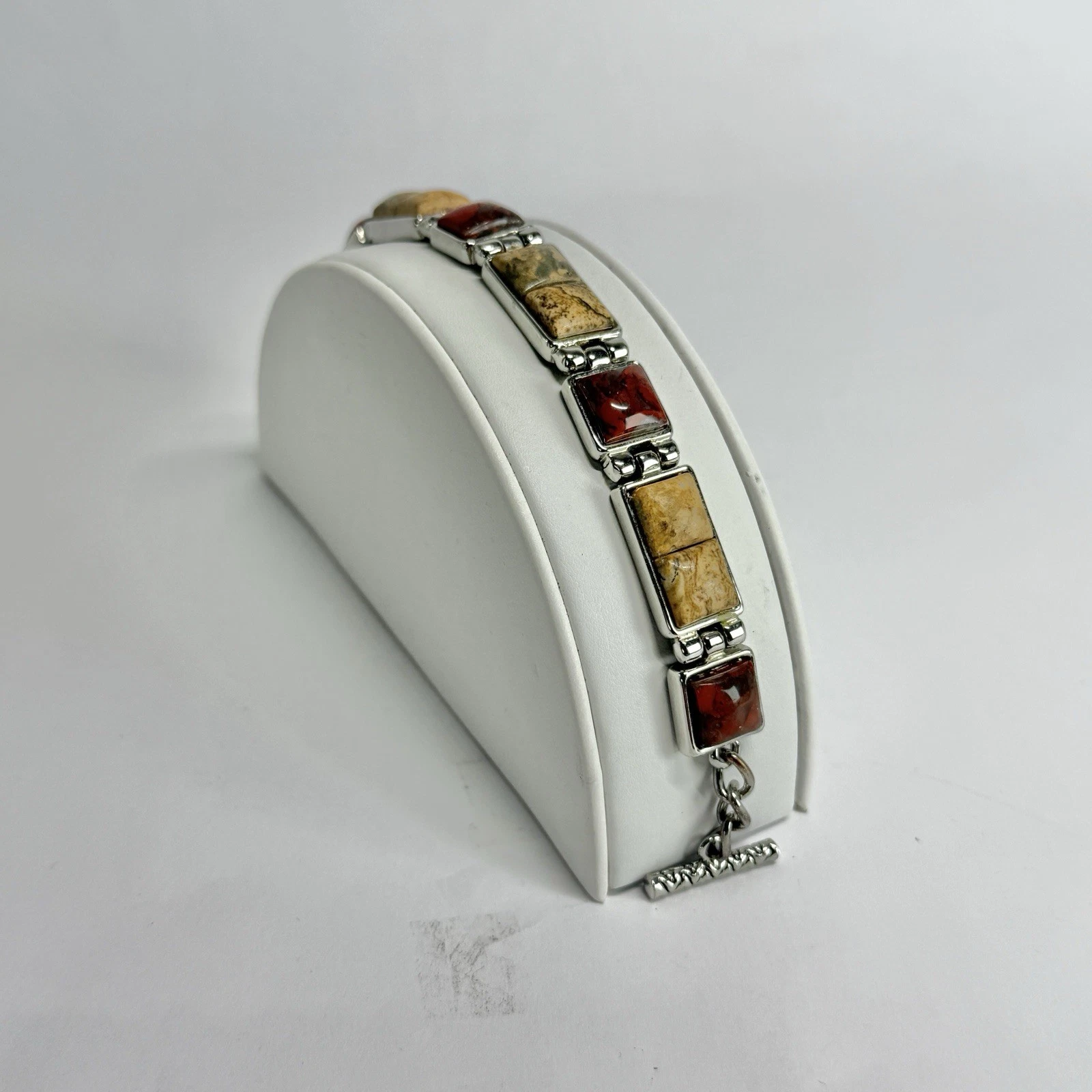 Elegant Agate Stone Chain Link Panel Silver Tone Vintage Bracelet Jewelry Br210