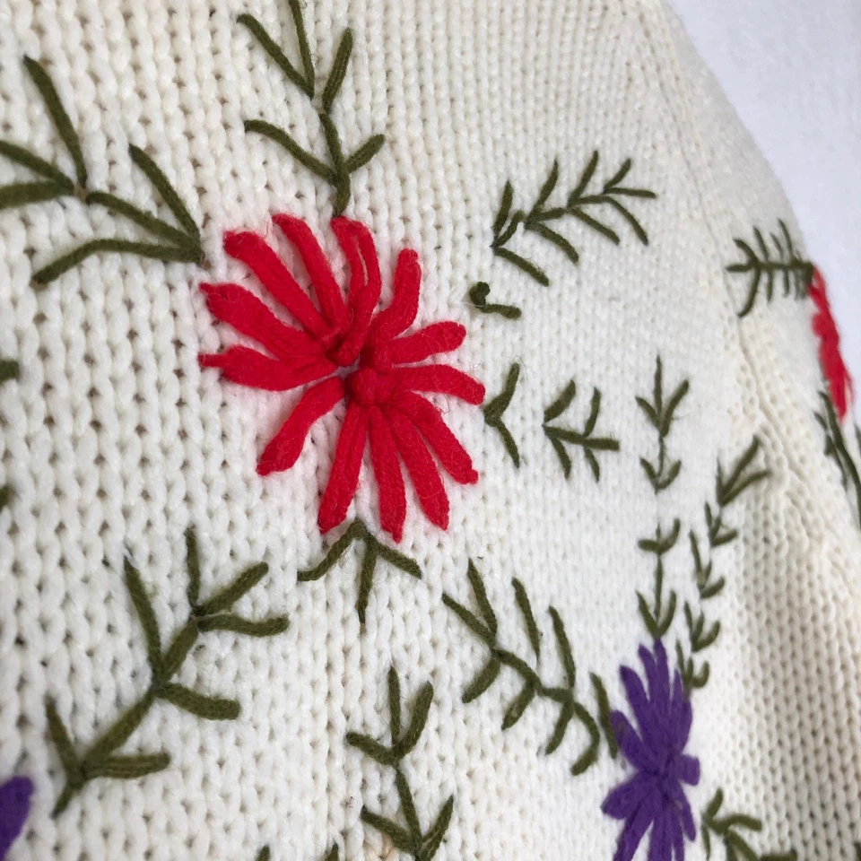 Cárdigan tejido floral bordado a mano vintage para mujer talla L marfil cottagecore Foto 3 de 4