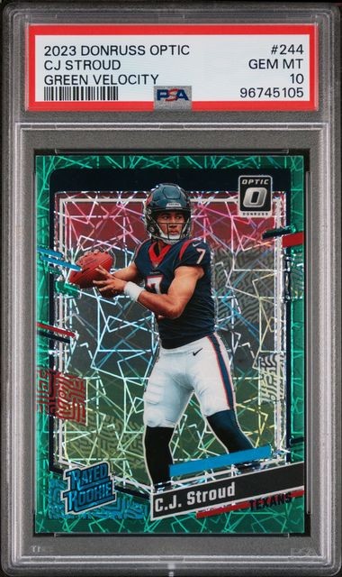 2023 PANINI DONRUSS OPTIC # 244 CJ STROUD GREEN VELOCITY ROOKIE PSA 10 Prizm view 1