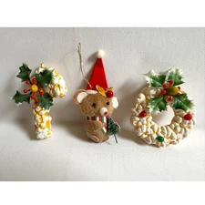 Vtg Christmas Ornaments Plush Bear Popcorn Wreath Candy Cane Holly Kitsch Lot