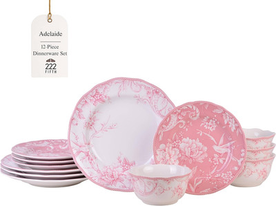 222 Fifth Adelaide Blush 12-Piece Pink Porcelain Dinnerware Set   Service for 4,