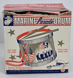 X 281 VINTAGE 1950/60'S OHIO ART TIN MARINE PARADE DRUM WITH ORIGINAL BOX