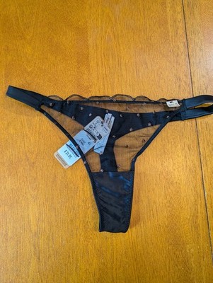 Etam Divine String Thong XS   Black Mesh Lace   Sheer Dot Detail   New With Tags
