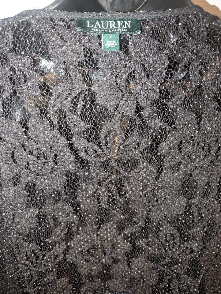 Cárdigan Lauren Ralph Lauren de encaje transparente con volantes a lunares - negro talla grande Foto 2 de 4