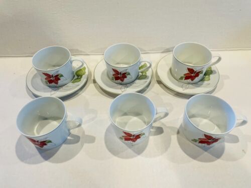 BLOCK SPAL Vintage Portugal Watercolors POINSETTIA Tea Cup & Saucers- Set of 3 - Picture 3 of 10