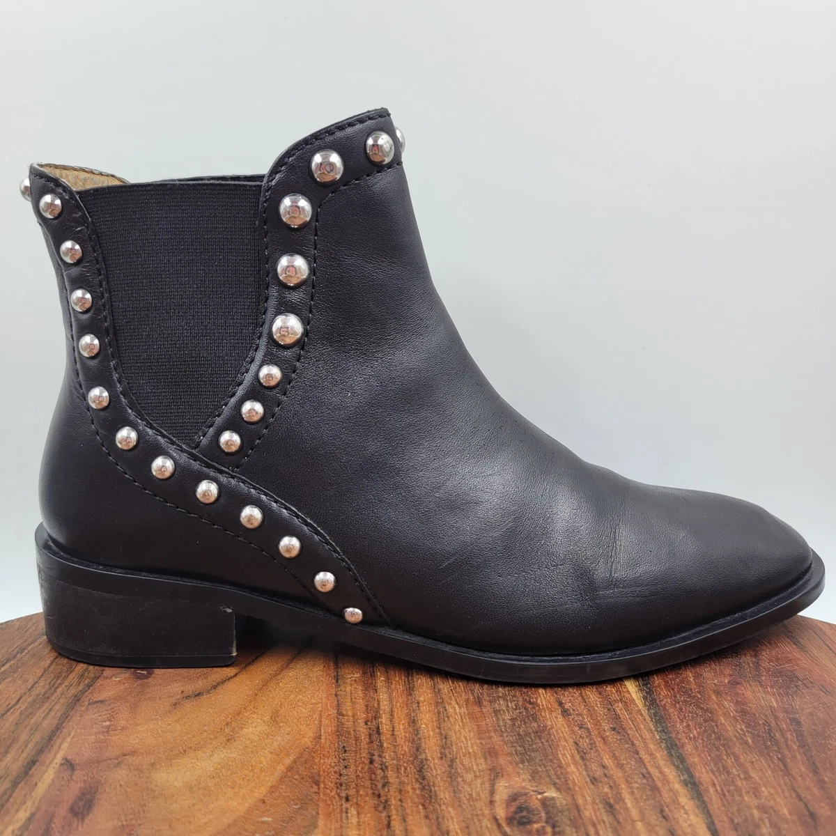 Chelsea Ankle Boots Women&#039;s 39 / 8 Black Leather Studded Moto Biker Booties eBay