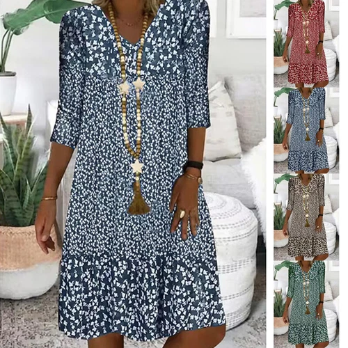 Women Summer Boho Sundress Half Sleeve V Neck Floral Midi Dress Holiday Beach - Bild 5 von 16